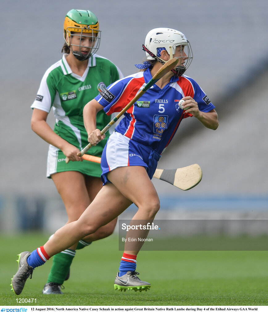 12 August 2016; North America Native Casey Schaak in action agaist Great Britain Native Ruth Lambe during Day 4 of the Etihad Airways GAA World Games 2016 at Croke Park in Dublin. Photo by Eóin Noonan/Sportsfile