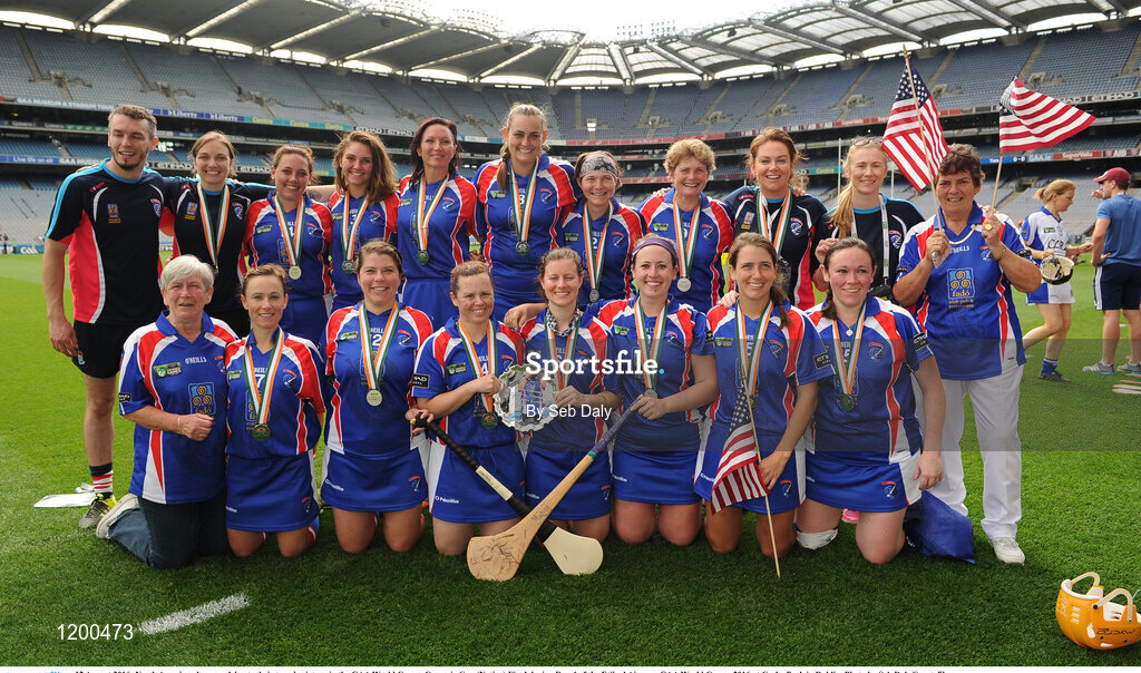 12 August 2016; North America players celebrate their team's victory in the GAA World Games Camogie Cup (Native) Final during Day 4 of the Etihad Airways GAA World Games 2016 at Croke Park in Dublin. Photo by Seb Daly/Sportsfile