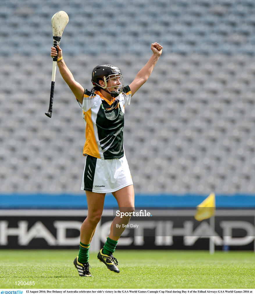 12 August 2016; Dee Delaney of Australia celebrates her side's victory in the GAA World Games Camogie Cup Final during Day 4 of the Etihad Airways GAA World Games 2016 at Croke Park in Dublin. Photo by Seb Daly/Sportsfile