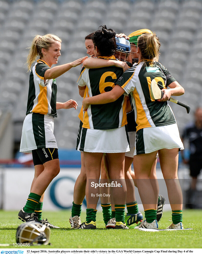 12 August 2016; Australia players celebrate their side's victory in the GAA World Games Camogie Cup Final during Day 4 of the Etihad Airways GAA World Games 2016 at Croke Park in Dublin. Photo by Seb Daly/Sportsfile