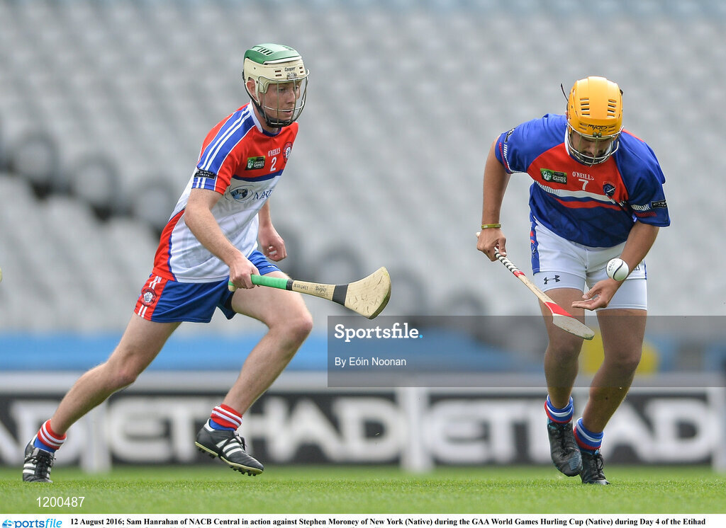 12 August 2016; Sam Hanrahan of NACB Central in action against Stephen Moroney of New York (Native) during the GAA World Games Hurling Cup (Native) during Day 4 of the Etihad Airways GAA World Games 2016 at Croke Park in Dublin. Photo by Eóin Noonan/Sportsfile