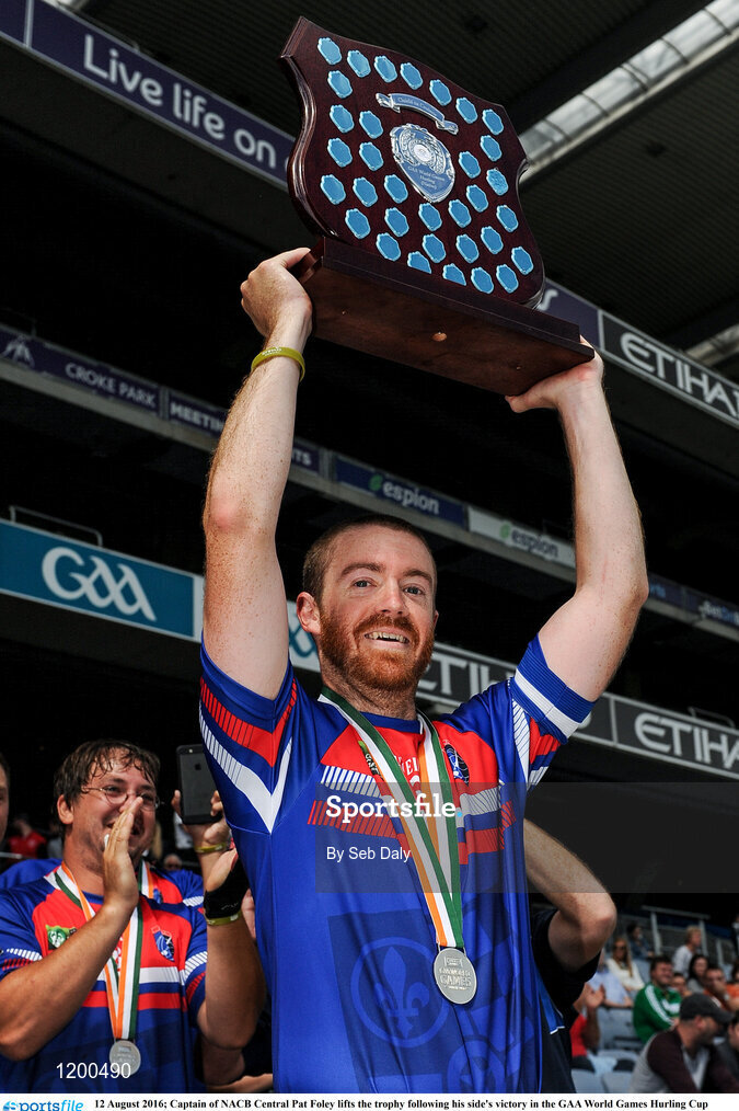 12 August 2016; Captain of NACB Central Pat Foley lifts the trophy following his side's victory in the GAA World Games Hurling Cup (Native) Final during Day 4 of the Etihad Airways GAA World Games 2016 at Croke Park in Dublin. Photo by Seb Daly/Sportsfile