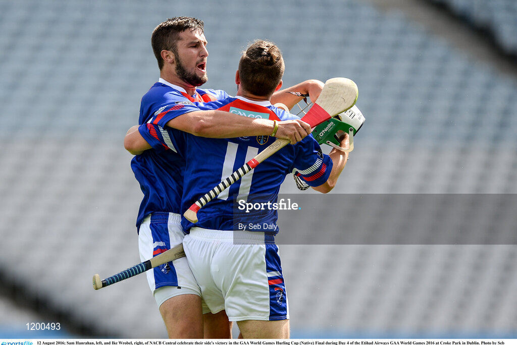 12 August 2016; Sam Hanrahan, left, and Ike Wrobel, right, of NACB Central celebrate their side's victory in the GAA World Games Hurling Cup (Native) Final during Day 4 of the Etihad Airways GAA World Games 2016 at Croke Park in Dublin. Photo by Seb Daly/Sportsfile
