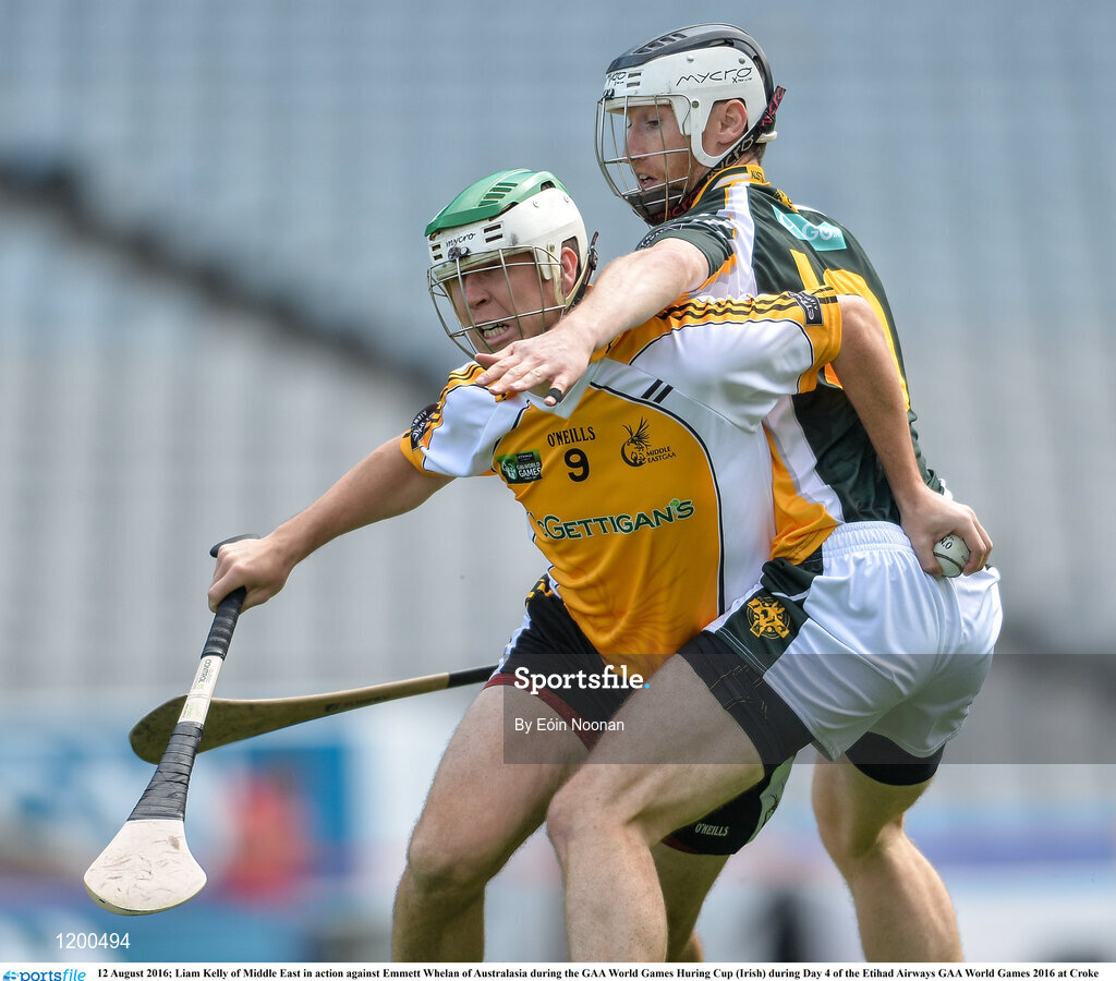 12 August 2016; Liam Kelly of Middle East in action against Emmett Whelan of Australasia during the GAA World Games Huring Cup (Irish) during Day 4 of the Etihad Airways GAA World Games 2016 at Croke Park in Dublin. Photo by Eóin Noonan/Sportsfile