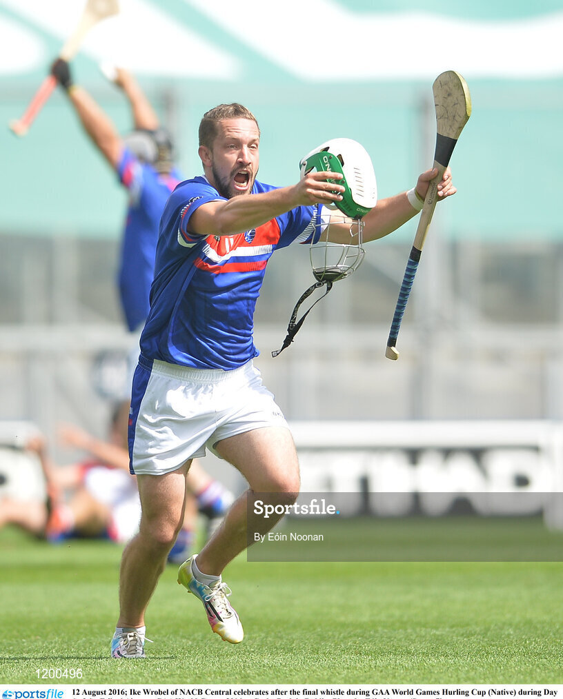 12 August 2016; Ike Wrobel of NACB Central celebrates after the final whistle during GAA World Games Hurling Cup (Native) during Day 4 of the Etihad Airways GAA World Games 2016 at Croke Park in Dublin. Photo by Eóin Noonan/Sportsfile