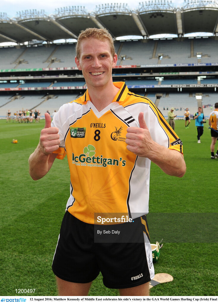 12 August 2016; Matthew Kennedy of Middle East celebrates his side's victory in the GAA World Games Hurling Cup (Irish) Final during Day 4 of the Etihad Airways GAA World Games 2016 at Croke Park in Dublin. Photo by Seb Daly/Sportsfile