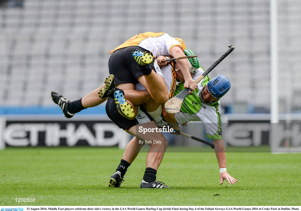 12 August 2016; Middle East players celebrate their side's victory in the GAA World Games Hurling Cup (Irish) Final during Day 4 of the Etihad Airways GAA World Games 2016 at Croke Park in Dublin. Photo by Seb Daly/Sportsfile