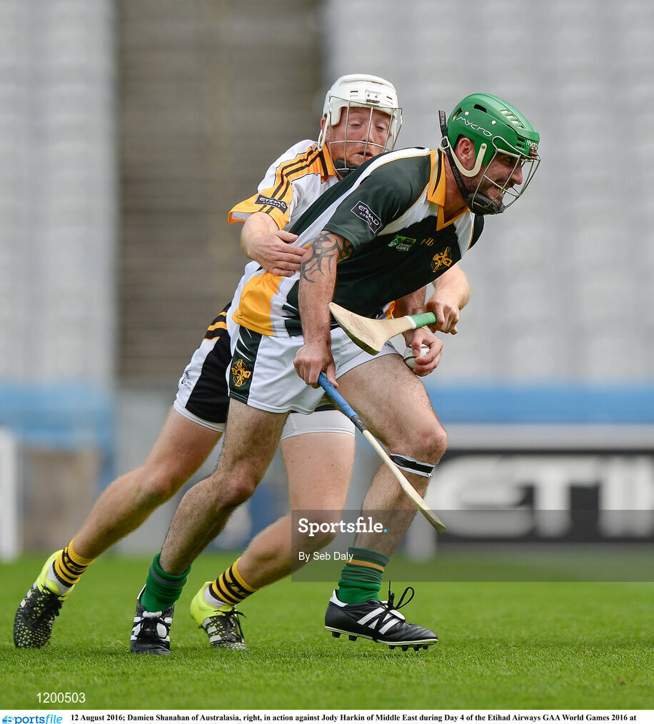 12 August 2016; Damien Shanahan of Australasia, right, in action against Jody Harkin of Middle East during Day 4 of the Etihad Airways GAA World Games 2016 at Croke Park in Dublin. Photo by Seb Daly/Sportsfile