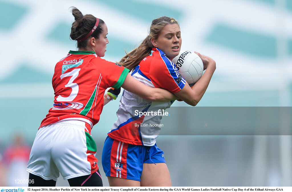 12 August 2016; Heather Purhin of New York in action against Tracey Campbell of Canada Eastern during the GAA World Games Ladies Football Native Cup Day 4 of the Etihad Airways GAA World Games 2016 at Croke Park in Dublin. Photo by Eóin Noonan/Sportsfile