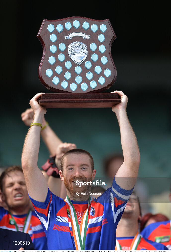 12 August 2016; Captain of NACB Central Pat Foley lifts the trophy following his side's victory in the GAA World Games Hurling Cup (Native) Final during Day 4 of the Etihad Airways GAA World Games 2016 at Croke Park in Dublin. Photo by Eóin Noonan/Sportsfile