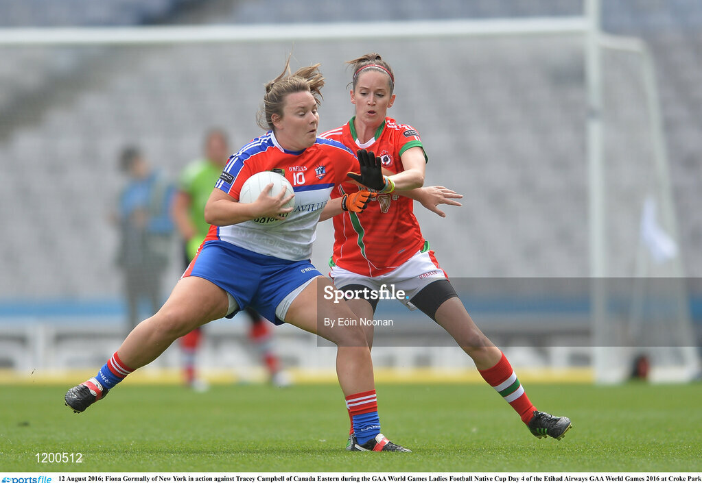12 August 2016; Fiona Gormally of New York in action against Tracey Campbell of Canada Eastern during the GAA World Games Ladies Football Native Cup Day 4 of the Etihad Airways GAA World Games 2016 at Croke Park in Dublin. Photo by Eóin Noonan/Sportsfile