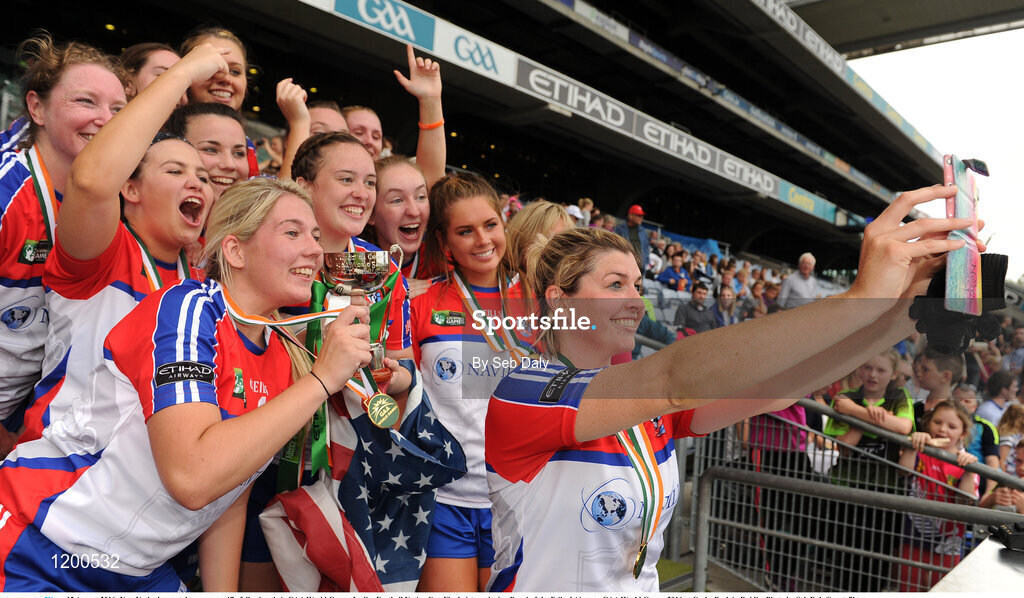 12 August 2016; New York players take a group selfie following their GAA World Games Ladies Football Native Cup Final victory during Day 4 of the Etihad Airways GAA World Games 2016 at Croke Park in Dublin. Photo by Seb Daly/Sportsfile