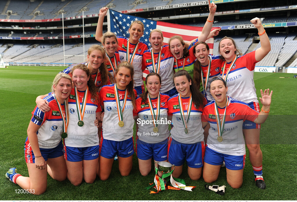 12 August 2016; New York players celebrate their side's victory following the GAA World Games Ladies Football Native Cup Final during Day 4 of the Etihad Airways GAA World Games 2016 at Croke Park in Dublin. Photo by Seb Daly/Sportsfile