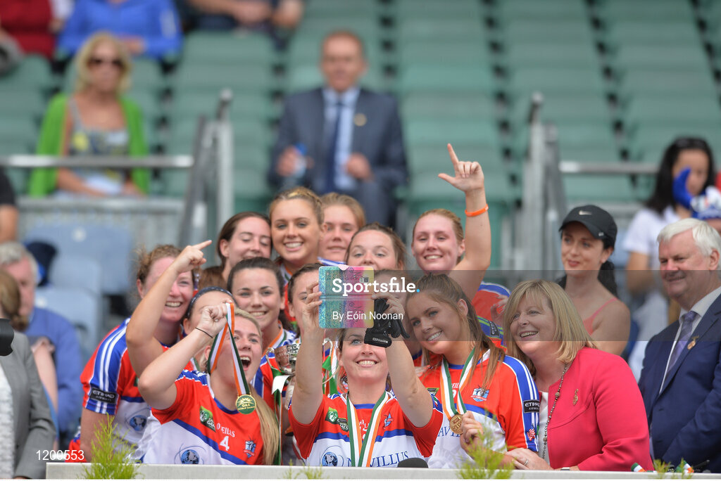 12 August 2016; New York players take a group selfie following their GAA World Games Ladies Football Native Cup Final victory during Day 4 of the Etihad Airways GAA World Games 2016 at Croke Park in Dublin. Photo by Eóin Noonan/Sportsfile