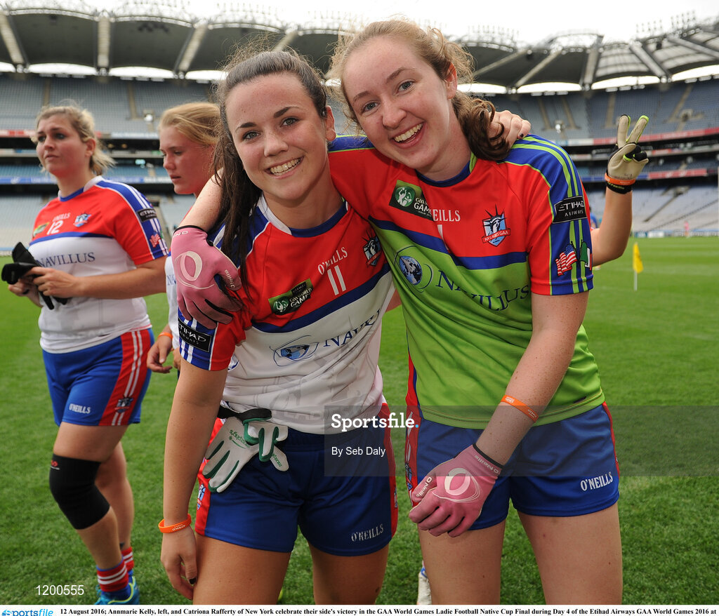 12 August 2016; Annmarie Kelly, left, and Catriona Rafferty of New York celebrate their side's victory in the GAA World Games Ladie Football Native Cup Final during Day 4 of the Etihad Airways GAA World Games 2016 at Croke Park in Dublin. Photo by Seb Daly/Sportsfile
