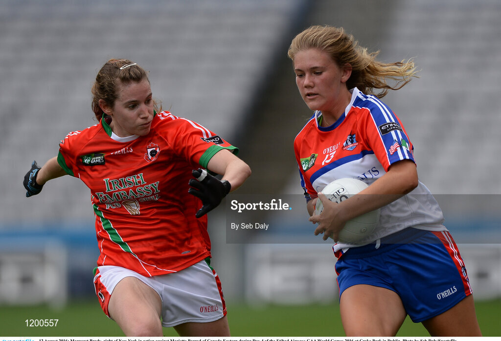 12 August 2016; Margaret Brady, right of New York in action against Mariette Parrod of Canada Eastern during Day 4 of the Etihad Airways GAA World Games 2016 at Croke Park in Dublin. Photo by Seb Daly/Sportsfile
