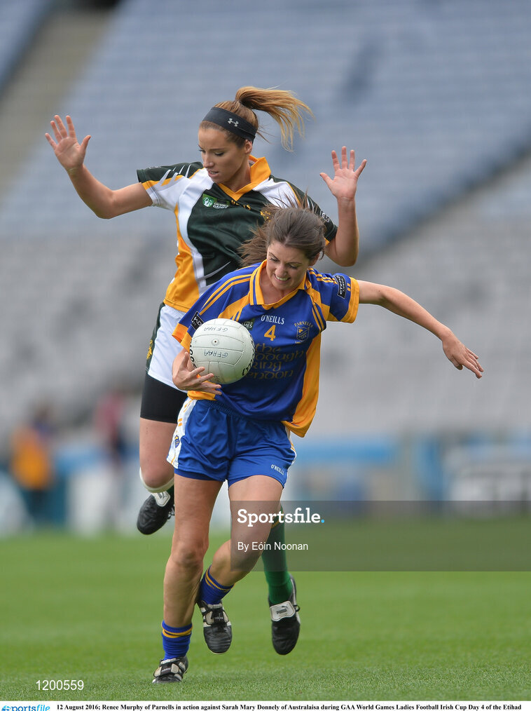 12 August 2016; Renee Murphy of Parnells in action against Sarah Mary Donnely of Australaisa during GAA World Games Ladies Football Irish Cup Day 4 of the Etihad Airways GAA World Games 2016 at Croke Park in Dublin. Photo by Eóin Noonan/Sportsfile