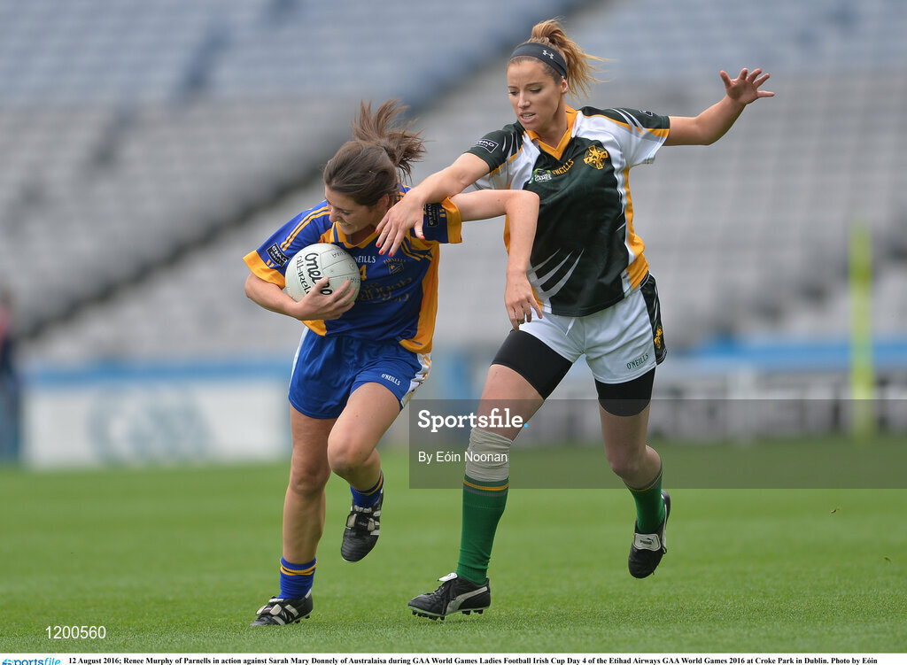 12 August 2016; Renee Murphy of Parnells in action against Sarah Mary Donnely of Australaisa during GAA World Games Ladies Football Irish Cup Day 4 of the Etihad Airways GAA World Games 2016 at Croke Park in Dublin. Photo by Eóin Noonan/Sportsfile