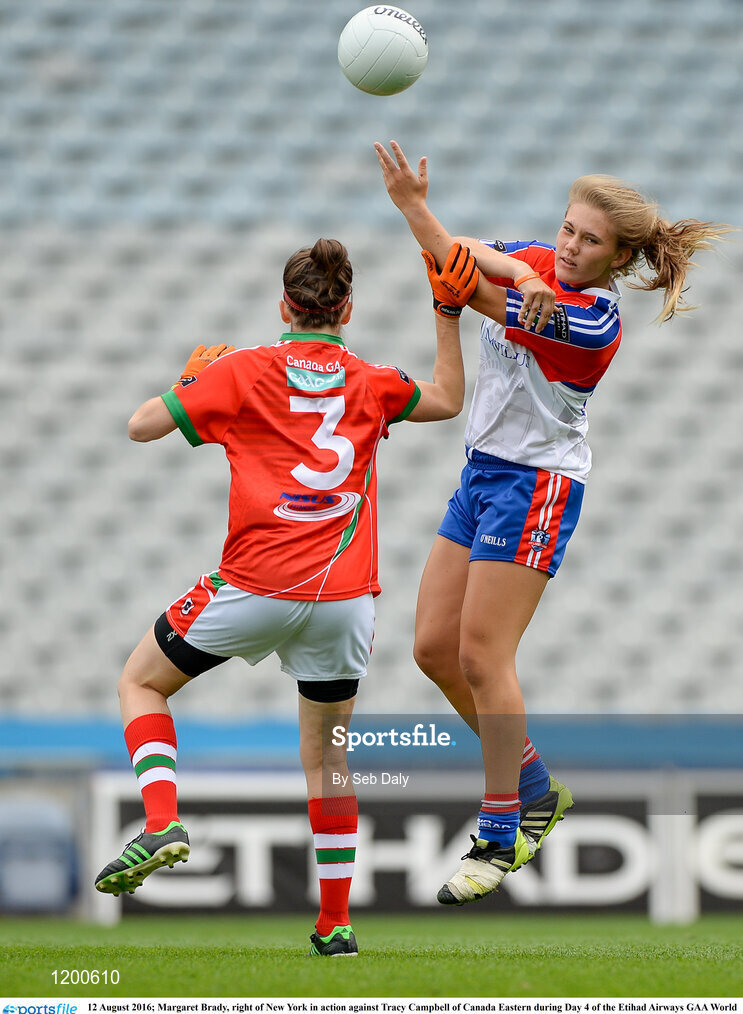 12 August 2016; Margaret Brady, right of New York in action against Tracy Campbell of Canada Eastern during Day 4 of the Etihad Airways GAA World Games 2016 at Croke Park in Dublin. Photo by Seb Daly/Sportsfile