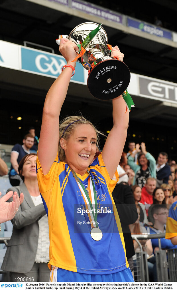 12 August 2016; Parnells captain Niamh Murphy lifts the trophy following her side's victory in the GAA World Games Ladies Football Irish Cup Final during Day 4 of the Etihad Airways GAA World Games 2016 at Croke Park in Dublin. Photo by Seb Daly/Sportsfile