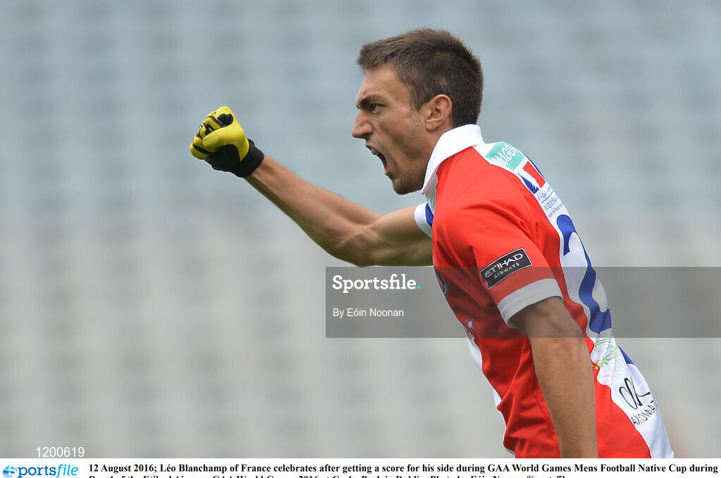 12 August 2016; Léo Blanchamp of France celebrates after getting a score for his side during GAA World Games Mens Football Native Cup during Day 4 of the Etihad Airways GAA World Games 2016 at Croke Park in Dublin. Photo by Eóin Noonan/Sportsfile