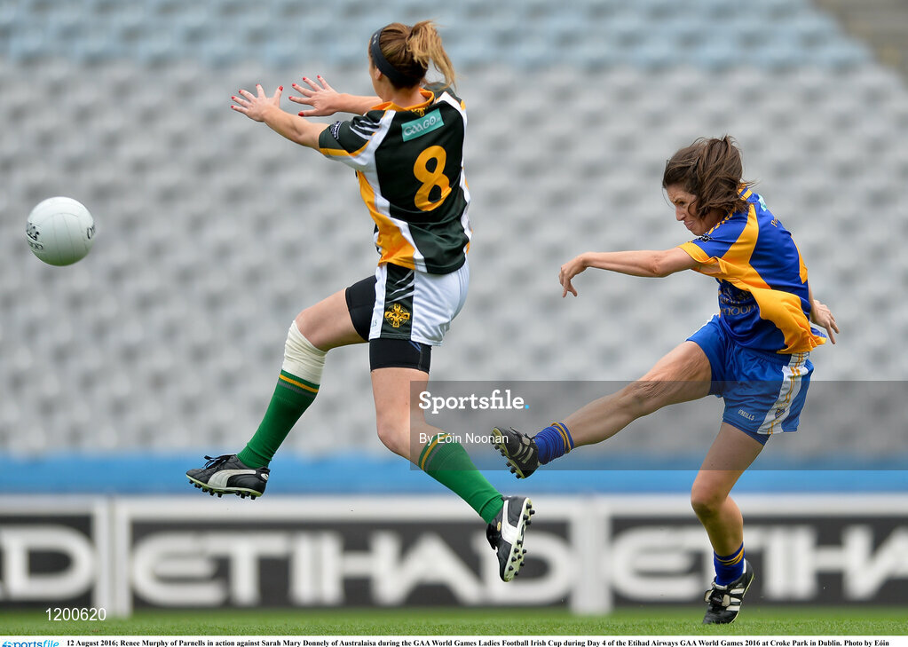 12 August 2016; Renee Murphy of Parnells in action against Sarah Mary Donnely of Australaisa during the GAA World Games Ladies Football Irish Cup during Day 4 of the Etihad Airways GAA World Games 2016 at Croke Park in Dublin. Photo by Eóin Noonan/Sportsfile