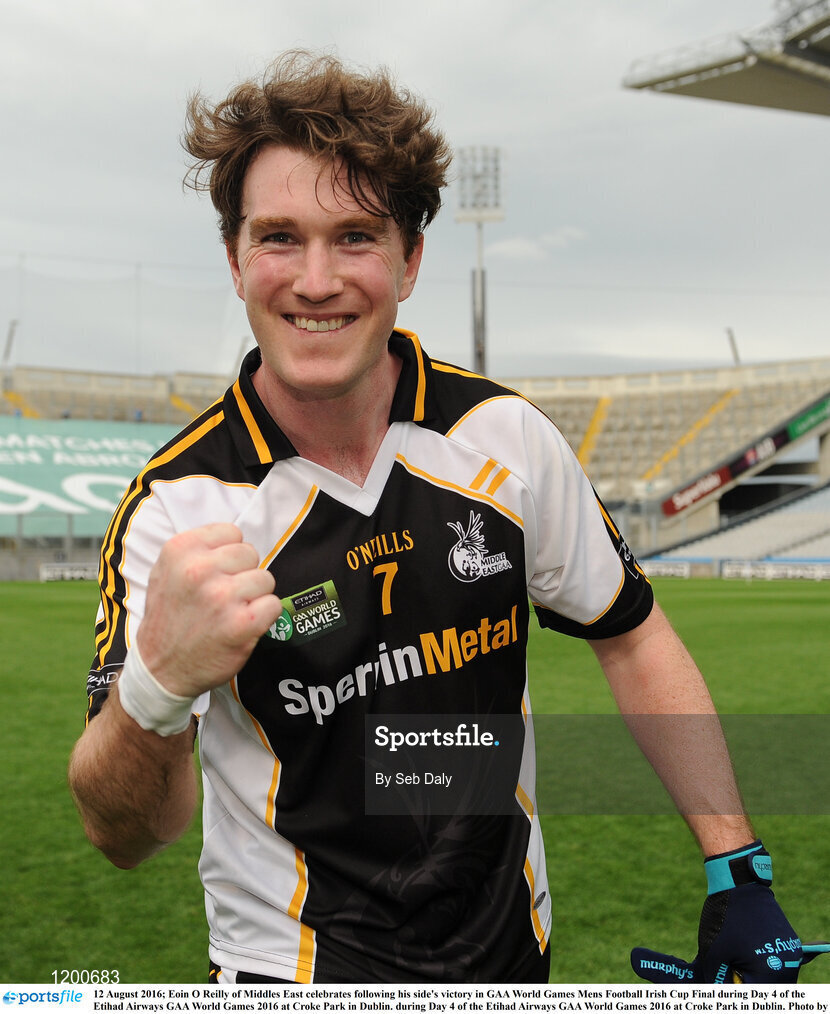 12 August 2016; Eóin O Reilly of Middle East celebrates following his side's victory in GAA World Games Mens Football Irish Cup Final during Day 4 of the Etihad Airways GAA World Games 2016 at Croke Park in Dublin. during Day 4 of the Etihad Airways GAA World Games 2016 at Croke Park in Dublin. Photo by Seb Daly/Sportsfile