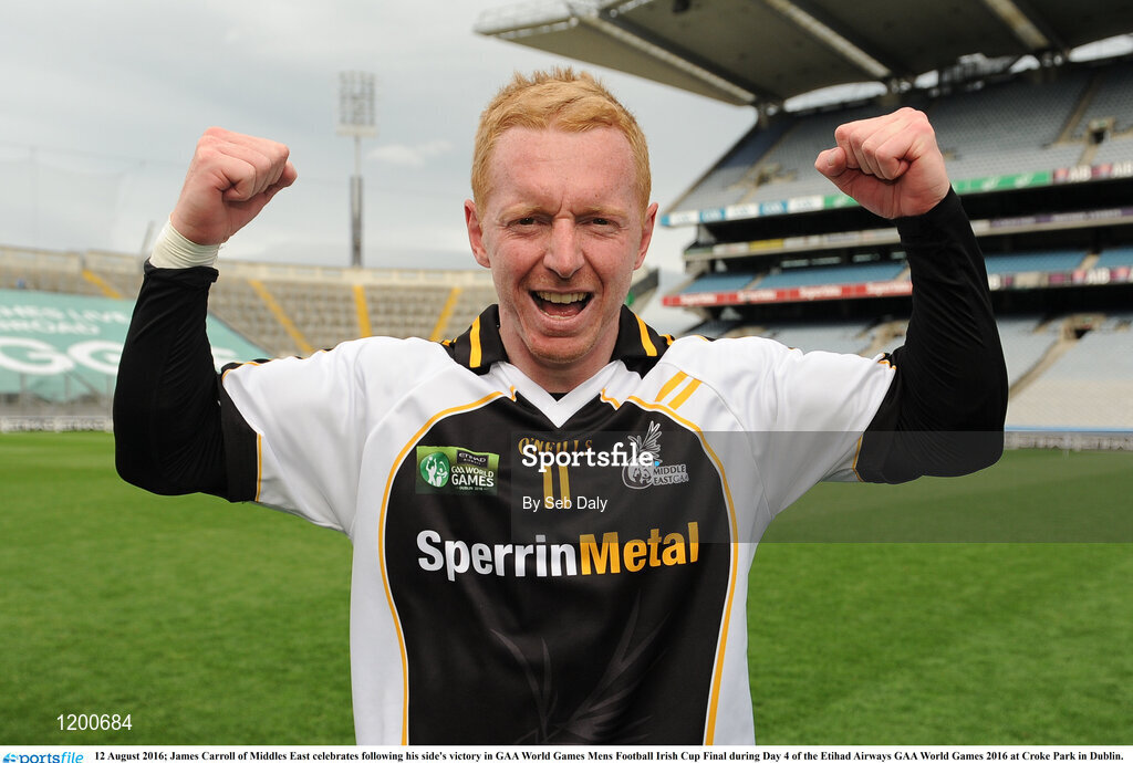 12 August 2016; James Carroll of Middle East celebrates following his side's victory in GAA World Games Mens Football Irish Cup Final during Day 4 of the Etihad Airways GAA World Games 2016 at Croke Park in Dublin. during Day 4 of the Etihad Airways GAA World Games 2016 at Croke Park in Dublin. Photo by Seb Daly/Sportsfile