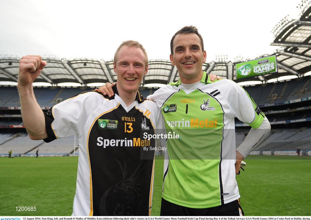 12 August 2016; Tom King, left, and Kennth O Malley of Middle East celebrate following their side's victory in GAA World Games Mens Football Irish Cup Final during Day 4 of the Etihad Airways GAA World Games 2016 at Croke Park in Dublin. during Day 4 of the Etihad Airways GAA World Games 2016 at Croke Park in Dublin. Photo by Seb Daly/Sportsfile