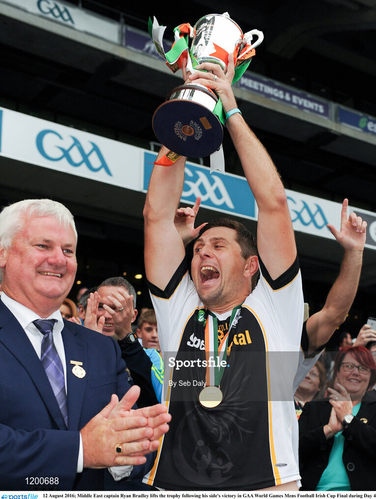 12 August 2016; Middle East captain Ryan Bradley lifts the trophy following his side's victory in GAA World Games Mens Football Irish Cup Final during Day 4 of the Etihad Airways GAA World Games 2016 at Croke Park in Dublin. Photo by Seb Daly/Sportsfile
