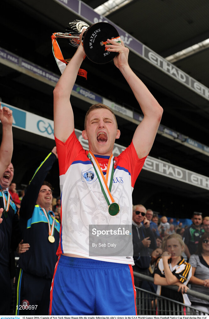 12 August 2016; Captain of New York Shane Hogan lifts the trophy following his side's victory in the GAA World Games Mens Football Native Cup Final during Day 4 of the Etihad Airways GAA World Games 2016 at Croke Park in Dublin. Photo by Seb Daly/Sportsfile