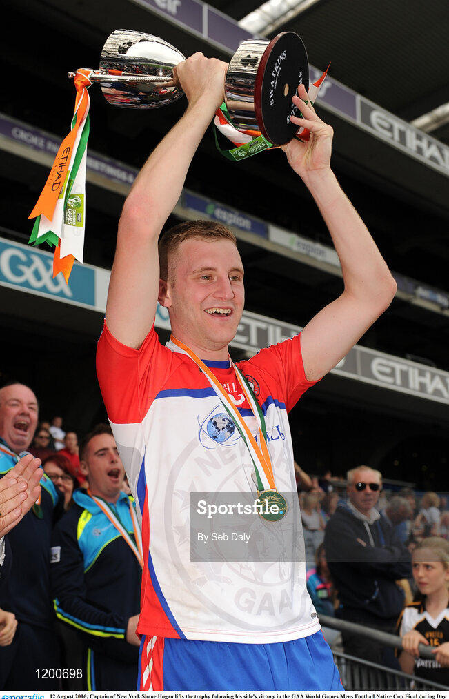 12 August 2016; Captain of New York Shane Hogan lifts the trophy following his side's victory in the GAA World Games Mens Football Native Cup Final during Day 4 of the Etihad Airways GAA World Games 2016 at Croke Park in Dublin. Photo by Seb Daly/Sportsfile