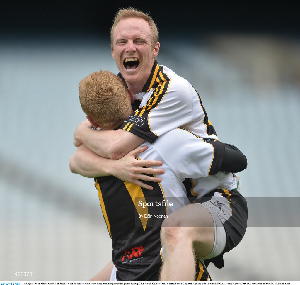 12 August 2016; James Carroll of Middle East celebrates with team mate Tom King after the game during GAA World Games Mens Football Irish Cup Day 4 of the Etihad Airways GAA World Games 2016 at Croke Park in Dublin. Photo by Eóin Noonan/Sportsfile