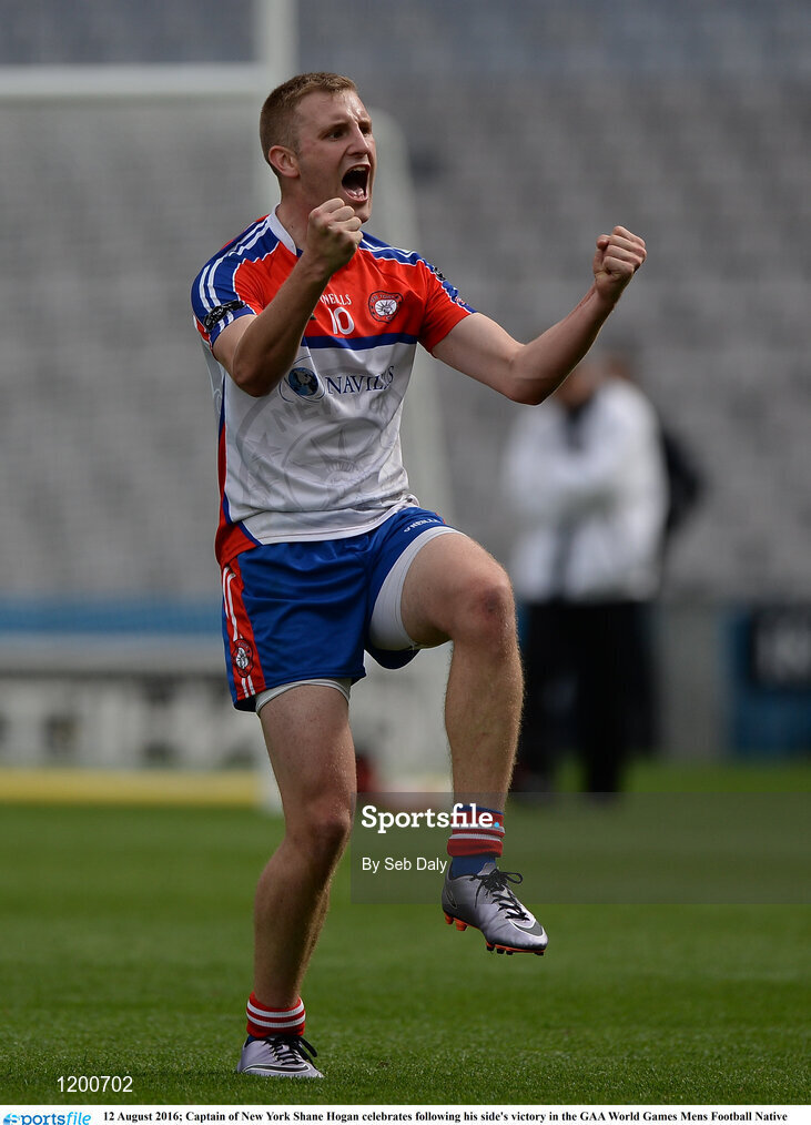 12 August 2016; Captain of New York Shane Hogan celebrates following his side's victory in the GAA World Games Mens Football Native Cup Final during Day 4 of the Etihad Airways GAA World Games 2016 at Croke Park in Dublin. Photo by Seb Daly/Sportsfile