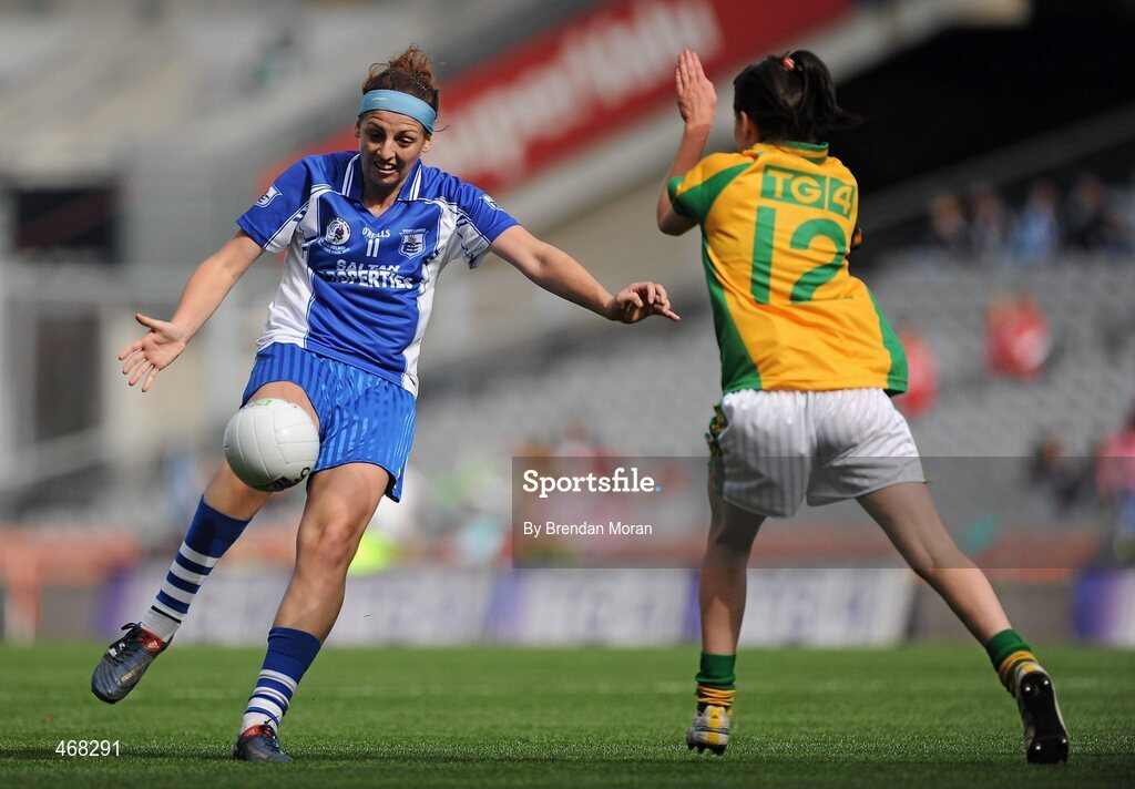 26 September 2010; Michelle Ryan, Waterford, in action against Karen Feeney, Donegal. TG4 All-Ireland Intermediate Ladies Football Championship Final, Donegal v Waterford, Croke Park, Dublin. Picture credit: Brendan Moran / SPORTSFILE