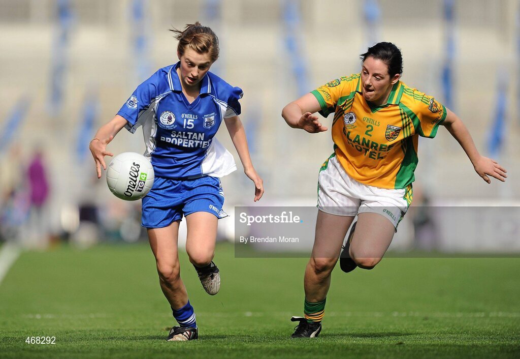 26 September 2010; Aileen Wall, Waterford, in action against Diane Toner, Donegal. TG4 All-Ireland Intermediate Ladies Football Championship Final, Donegal v Waterford, Croke Park, Dublin. Picture credit: Brendan Moran / SPORTSFILE