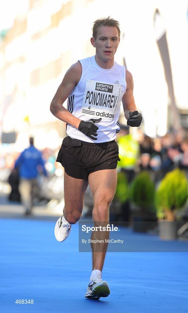 25 October 2010; Vladimir Ponomarev, Russia, on the approach to the finish during the Lifestyle Sports - adidas Dublin Marathon 2010, where he finished 18th, in a time of 2:24:00. Dublin. Picture credit: Stephen McCarthy / SPORTSFILE