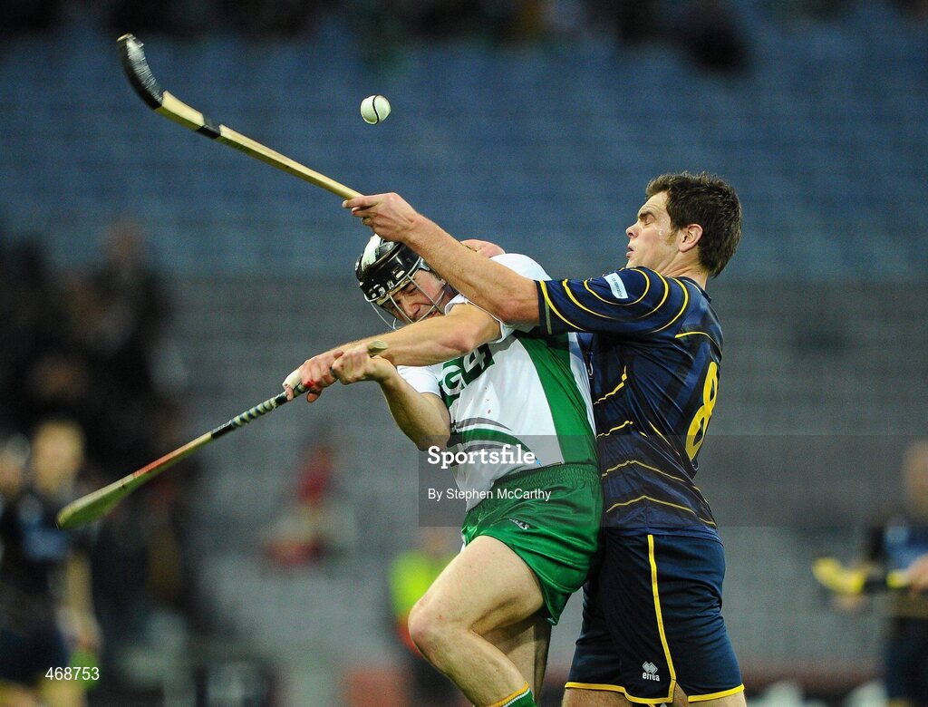 30 October 2010; John Rowney, Ireland, in action against Niall Macphee, Scotland. Senior Hurling / Shinty International 1st Test, Ireland v Scotland, Croke Park, Dublin. Picture credit:  Stephen McCarthy / SPORTSFILE