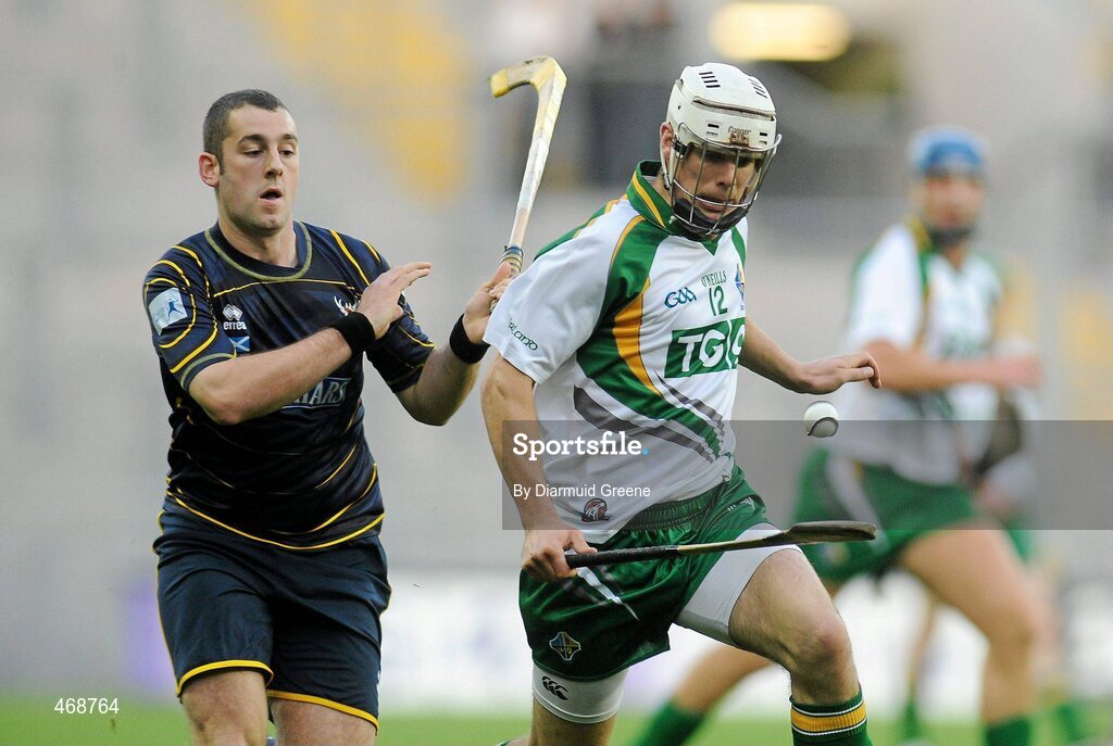 30 October 2010; Neil McManus, Ireland, in action against Duncan Rodger, Scotland. Senior Hurling / Shinty International 1st Test, Ireland v Scotland, Croke Park, Dublin. Picture credit: Diarmuid Greene / SPORTSFILE