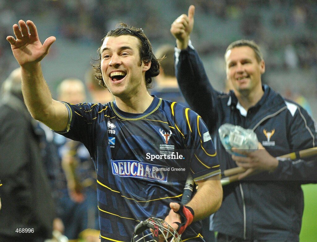 30 October 2010; John Barr, Scotland, celebrates after the game. Senior Hurling / Shinty International 1st Test, Ireland v Scotland, Croke Park, Dublin. Picture credit: Diarmuid Greene / SPORTSFILE