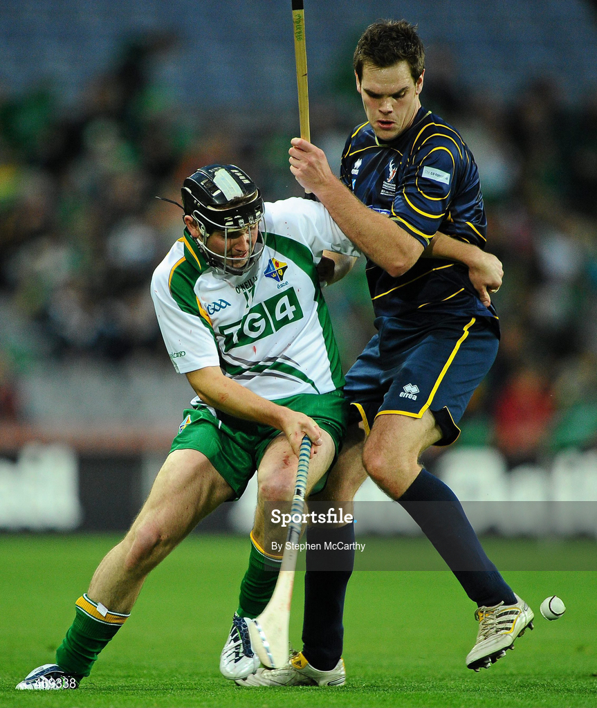 30 October 2010; John Rowney, Ireland, in action against Niall MacPhee, Scotland. Senior Hurling / Shinty International 1st Test, Ireland v Scotland, Croke Park, Dublin. Picture credit:  Stephen McCarthy / SPORTSFILE