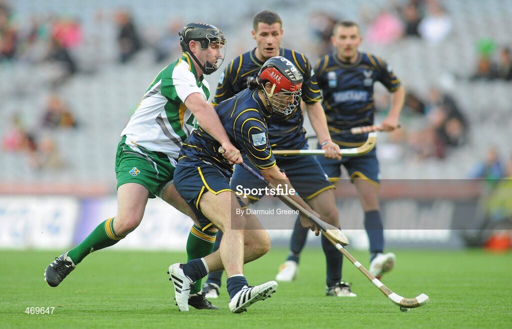 30 October 2010; John Barr, Scotland, in action against Andy O'Brien, Ireland. Senior Hurling / Shinty International 1st Test, Ireland v Scotland, Croke Park, Dublin. Picture credit: Diarmuid Greene / SPORTSFILE