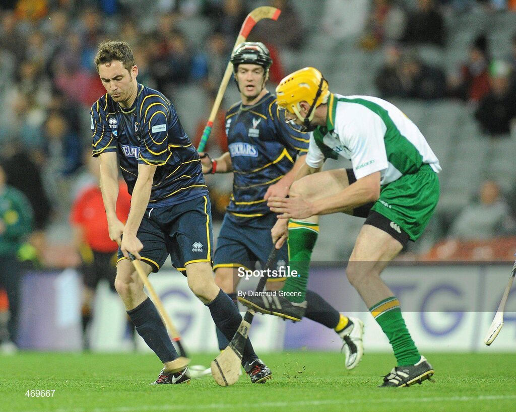 30 October 2010; Andrew Corrigan, Scotland, in action against Tom Murnane, Ireland. Senior Hurling / Shinty International 1st Test, Ireland v Scotland, Croke Park, Dublin. Picture credit: Diarmuid Greene / SPORTSFILE