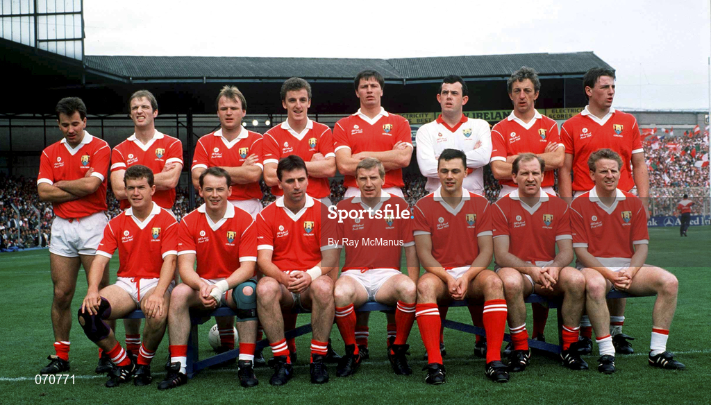 17 September 1989; The Cork team, back row, from left, Michael Slocum, Larry Tompkins, Teddy McCarthy, Barry Coffey, Shay Fahy, John Kerins, Conor Counihan and Stephen O'Brien, with, front row, Paul McGrath, Niall Cahalane, Jimmy Kerrigan, Dinny Allen, Tony Davis, Dave Barry and John Cleary prior to the All-Ireland Senior Football Championship Final between Cork and Mayo at Croke Park in Dublin. Photo by Ray McManus/Sportsfile