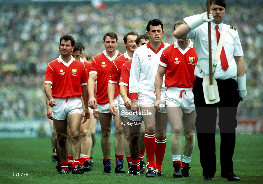 16 September 1990; Cork goalkeeper John Kerins during the parade prior to the All-Ireland Senior Football Championship Final match between Cork and Meath at Croke Park in Dublin. Photo by Ray McManus/Sportsfile
