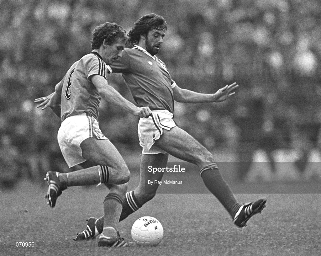10 September 1980; Republic of Ireland's Mark Lawrenson, right, during the FIFA World Cup Qualifying Group 2 match between Republic of Ireland and Holland at Lansdowne Road in Dublin. Photo by Ray McManus/Sportsfile