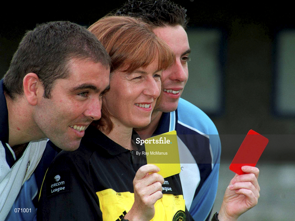 24 August 2001; Pictured at the announcement that eircom is to sponsor the Referees' Panel of the eircom League is Hilda McDermot with Andy Myler of Athlone Town, left, and Robert Farrell of Dublin City. Hilda is the first woman official to join the eircom League's Referees' Panel and runs the line at the Dublin City versus Athlone game on Saturday evening. Photo by Ray McManus/Sportsfile