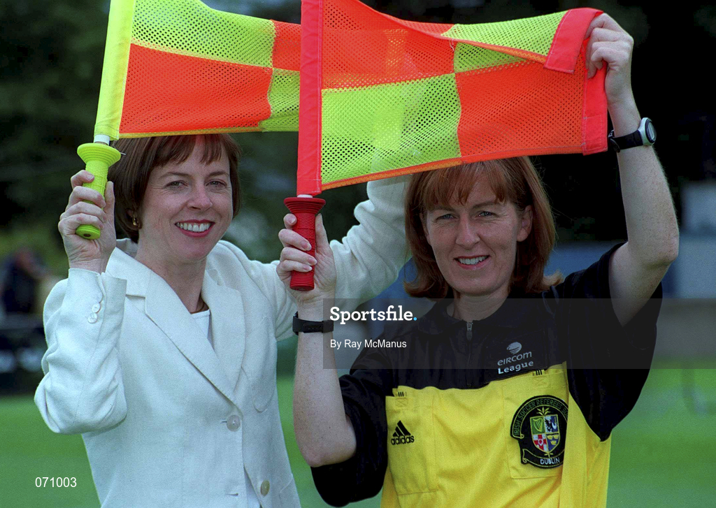 24 August 2001; At the announcement that eircom is to sponsor the Referees' Panel of the eircom League is Hilda McDermot and Adrienne Regan, Sponsorship Manager, eircom. Hilda is the first woman official to join the eircom League's Referees' Panel and runs the line at the Dublin City versus Athlone game on Saturday evening.  Hilda is the first woman official to join the eircom League's Referees' Panel and runs the line at the Dublin City versus Athlone game on Saturday evening. Photo by Ray McManus/Sportsfile