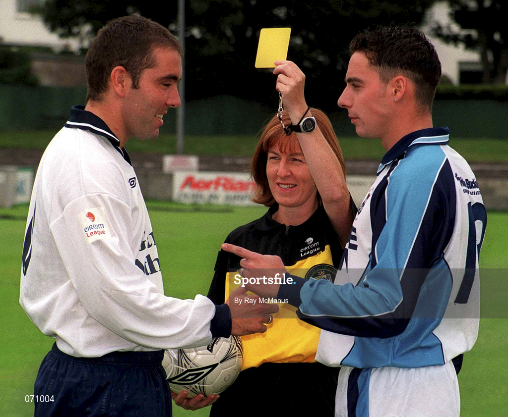 24 August 2001; At the announcement that eircom is to sponsor the Referees' Panel of the eircom League is Hilda McDermot with Andy Myler of Athlone Town, left, and Robert Farrell of Dublin City. Hilda is the first woman official to join the eircom League's Referees' Panel and runs the line at the Dublin City versus Athlone game on Saturday evening.  Hilda is the first woman official to join the eircom League's Referees' Panel and runs the line at the Dublin City versus Athlone game on Saturday evening. Photo by Ray McManus/Sportsfile
