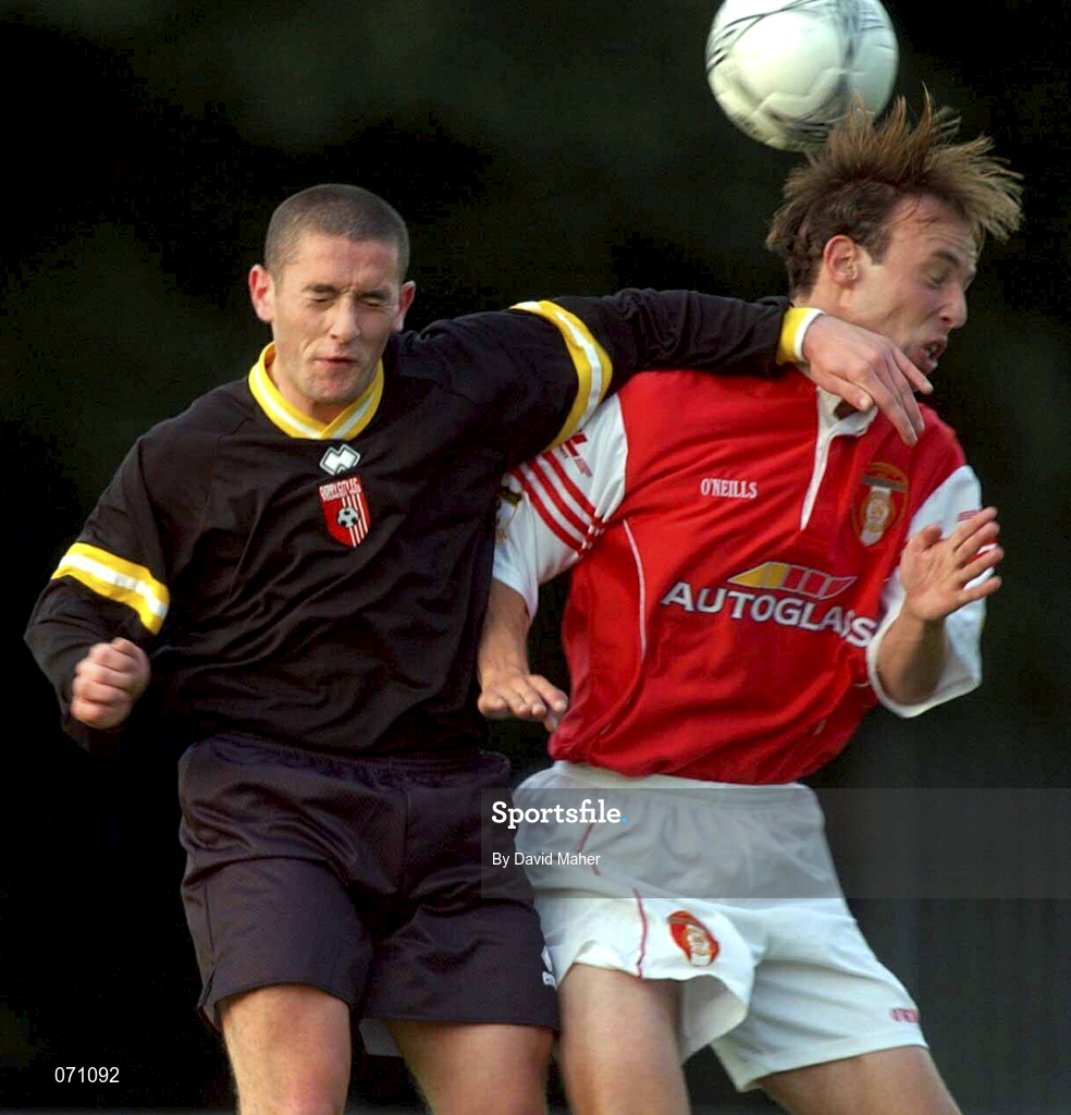 24 August 2001; Paul Marney of St Patrick's Athletic in action against Eamon Doherty of Derry City during the Eircom League Premier Division match between St Patrick's Athletic and Derry City at Richmond Park in Dublin. Photo by David Maher/Sportsfile